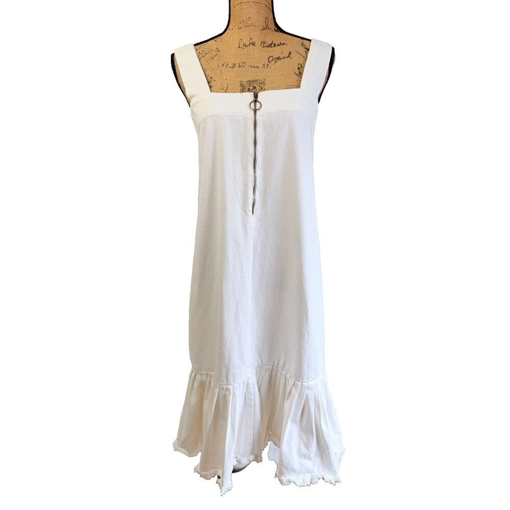 Weili Zheng White Denim Midi Dress Ring Zip Drop Waist Ruffle Pockets Sz XS